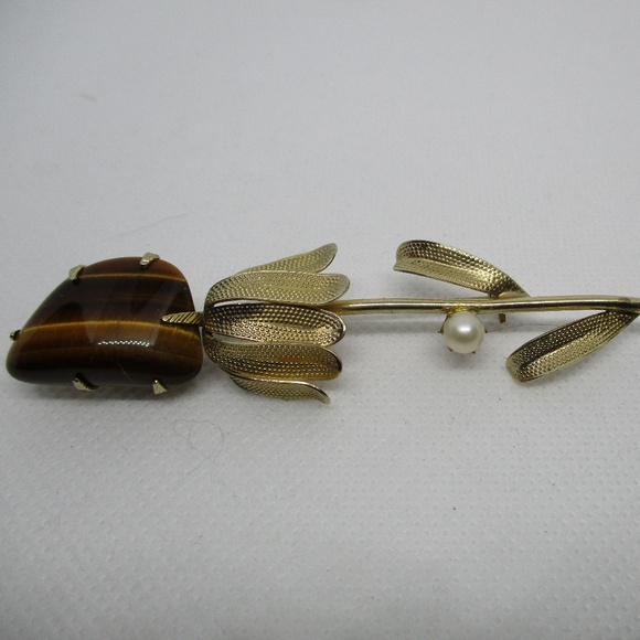 TIGER EYE Genuine PEARL Gold Tone Flower Brooch - Picture 6 of 8